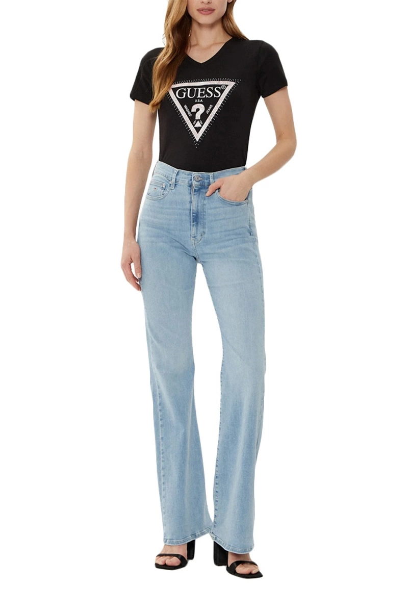 Guess Kadın Siyah Logo Baskılı Jarse V Yaka T-Shirt