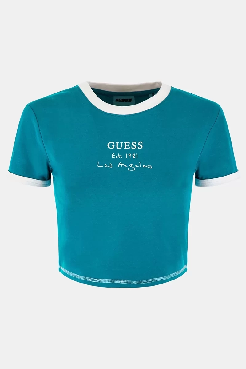 Guess  Önü Logolu Crop Tşört  Kadın Mavi