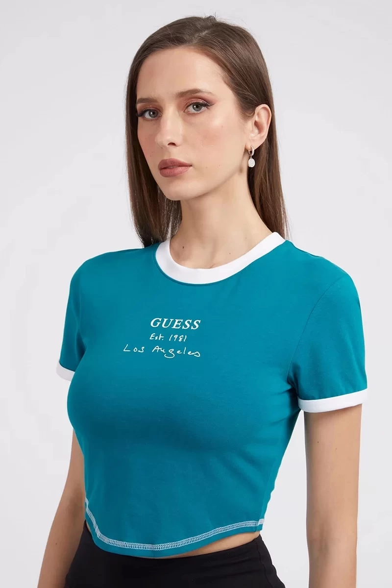Guess  Önü Logolu Crop Tşört  Kadın Mavi