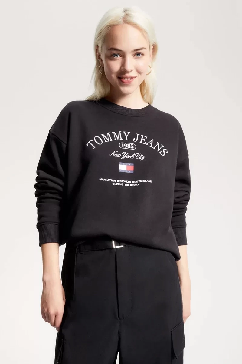 Tommy Jeans Bisiklet Yaka Baskılı Siyah Kadın Sweatshirt