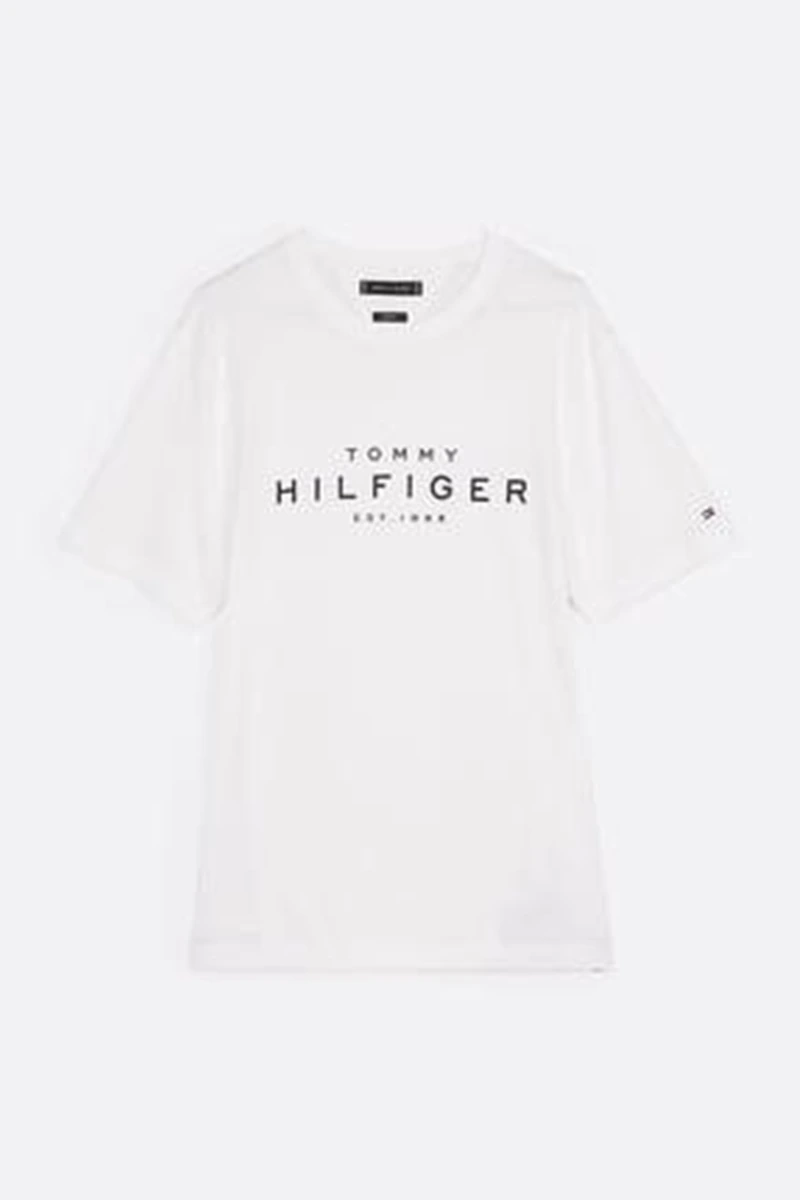 Tommy Hilfiger Erkek Beyaz Logo Yuvarlak Yaka T-Shirt