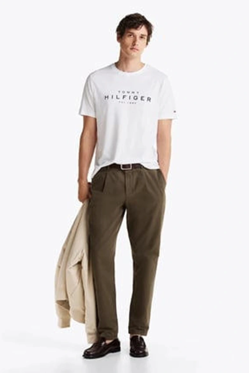 Tommy Hilfiger Erkek Beyaz Logo Yuvarlak Yaka T-Shirt