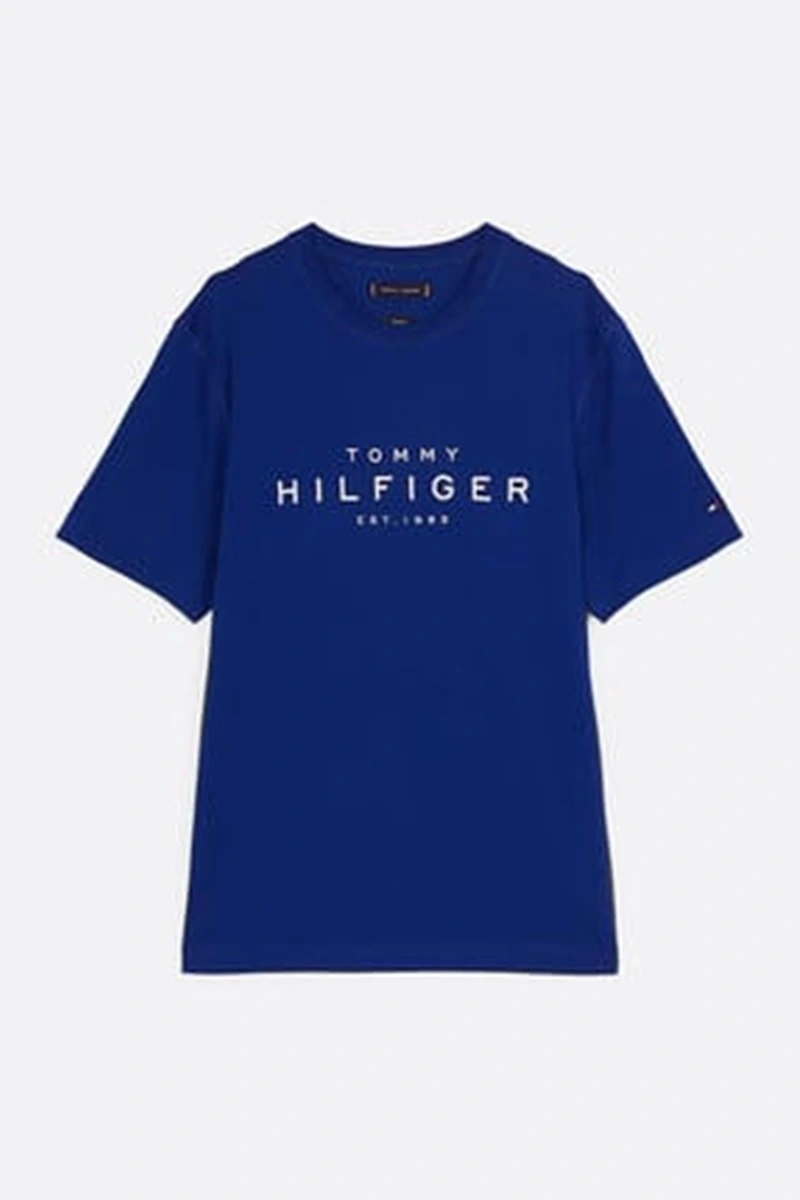 Tommy Hilfiger Erkek Mavi Logo Yuvarlak Yaka T-Shirt