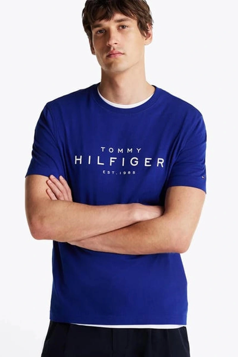 Tommy Hilfiger Erkek Mavi Logo Yuvarlak Yaka T-Shirt