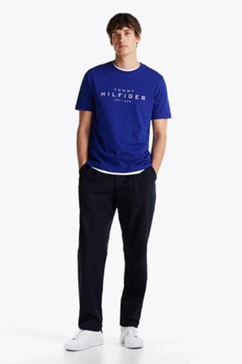Tommy Hilfiger Erkek Mavi Logo Yuvarlak Yaka T-Shirt