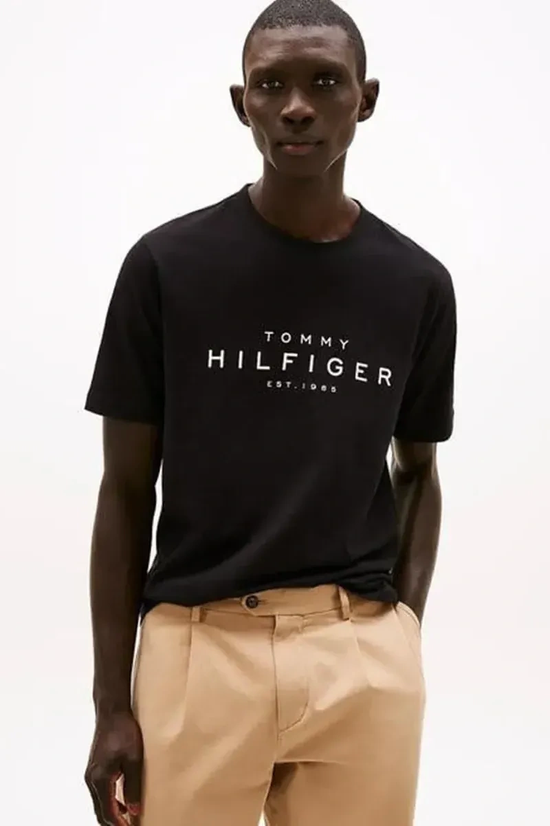 Tommy Hilfiger Erkek Siyah Logo Yuvarlak Yaka T-Shirt