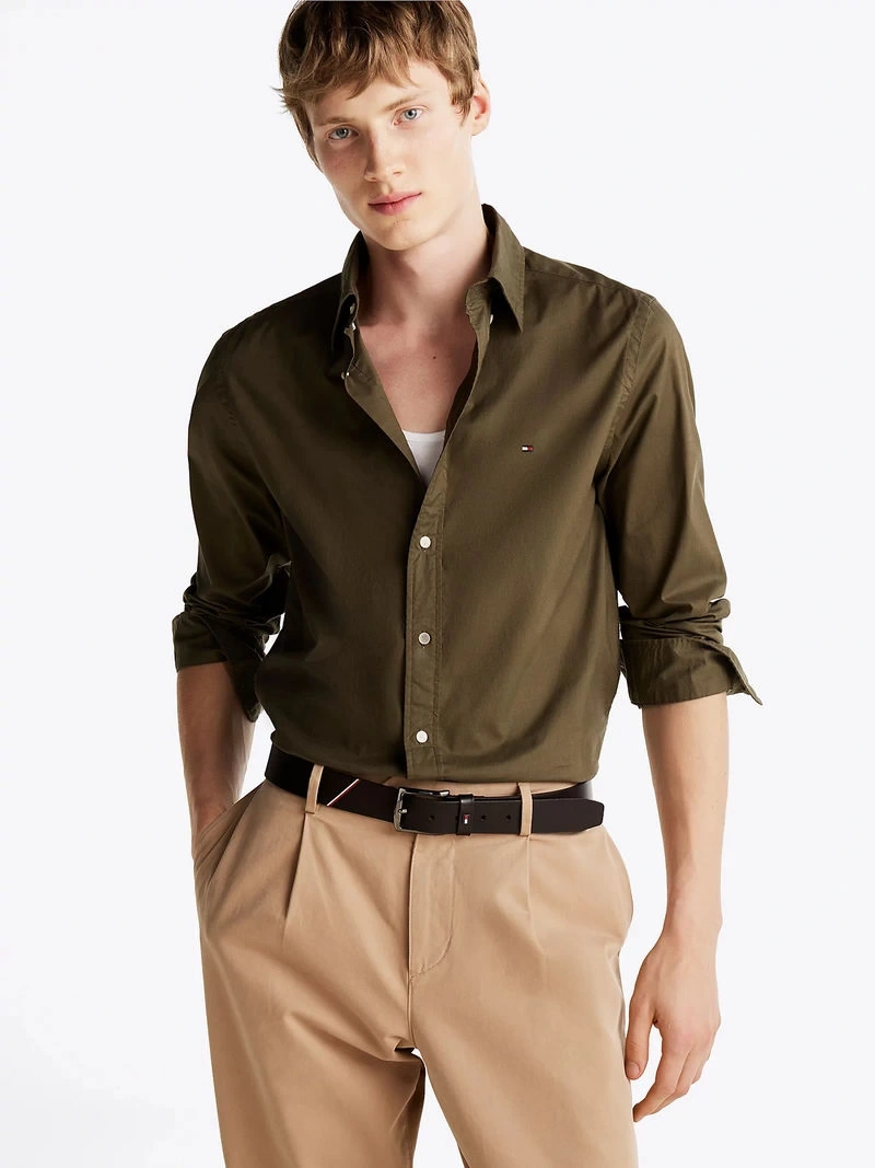 Tommy Hilfiger Erkek  Flex Regular Fit Poplin Yeşil Gömlek