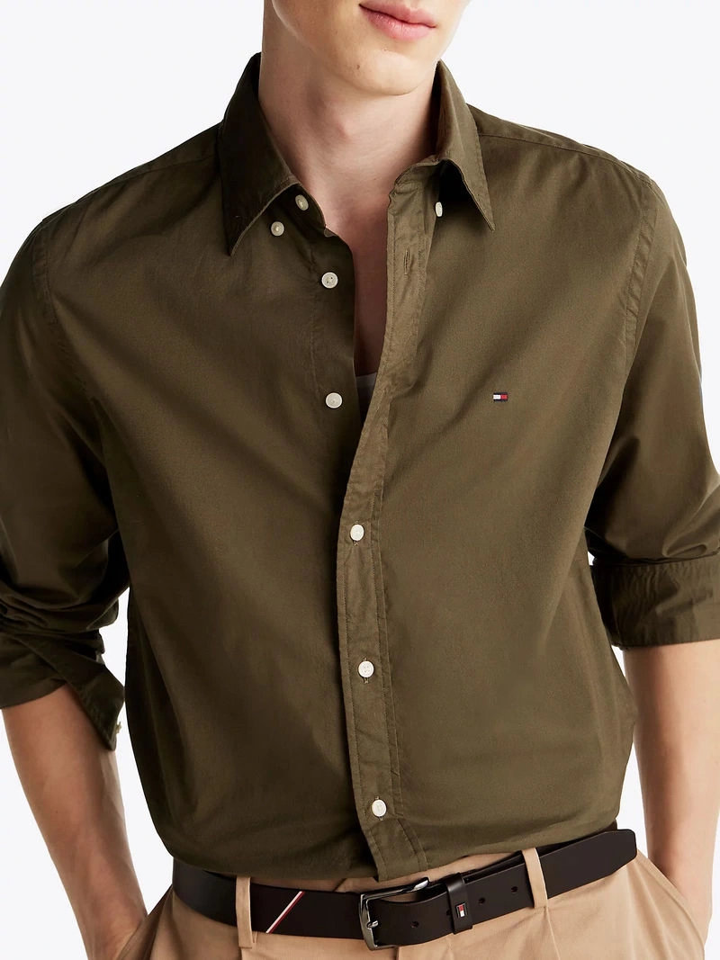 Tommy Hilfiger Erkek  Flex Regular Fit Poplin Yeşil Gömlek