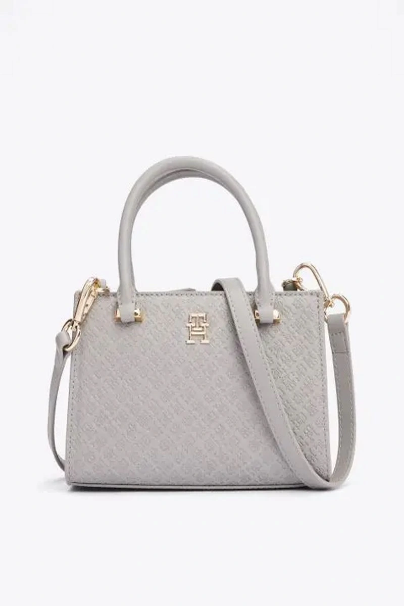 Tommy Hilfiger Monogram Kabartmalı Tote Gri Çanta