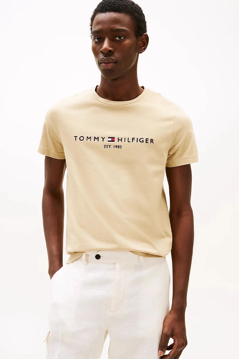 Tommy Hilfiger Erkek Bej Logolu T-Shirt