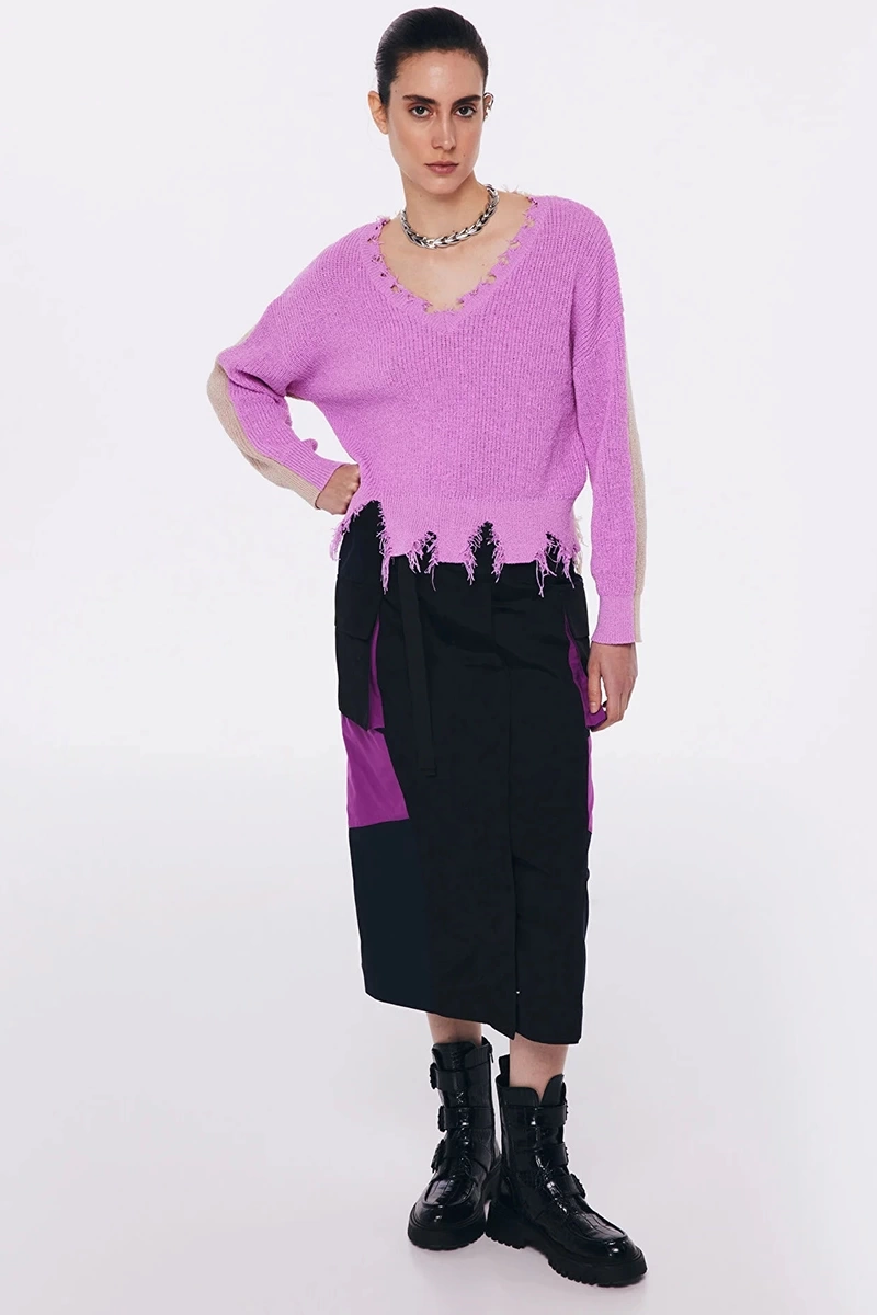 Twist  ColorBlock Eskitme  Efektli Kazak