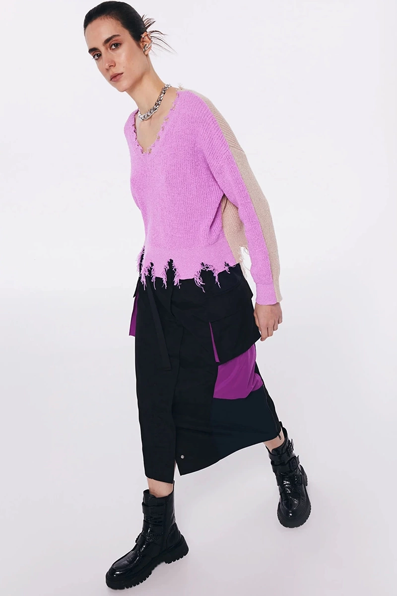 Twist  ColorBlock Eskitme  Efektli Kazak