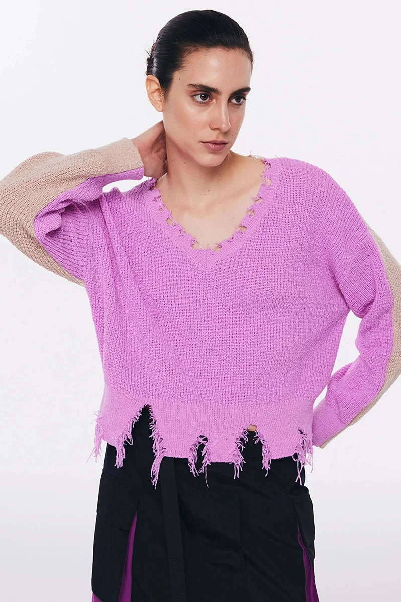 Twist  ColorBlock Eskitme  Efektli Kazak