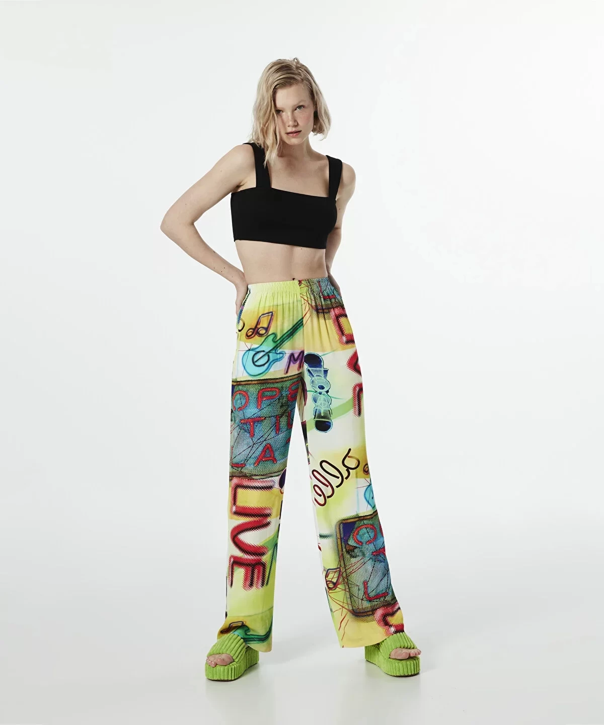 Twist Desenli Pantalon Neon Sarı