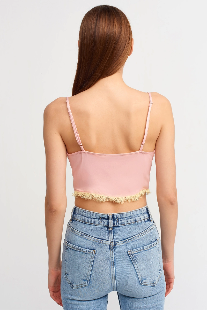 Dilvin Pembe Dantel Detaylı Crop