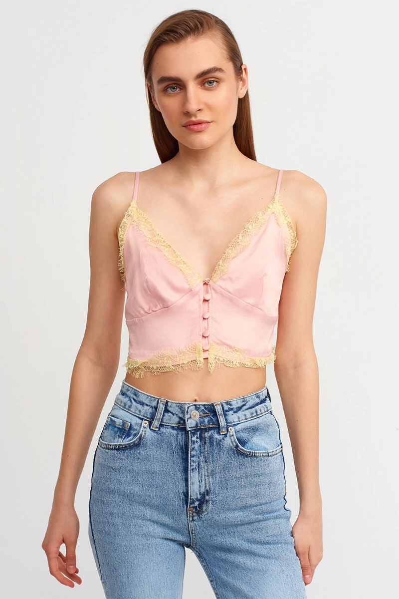 Dilvin Pembe Dantel Detaylı Crop