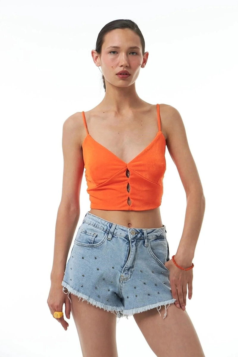 Quzu neon turuncu out askılı tshirt