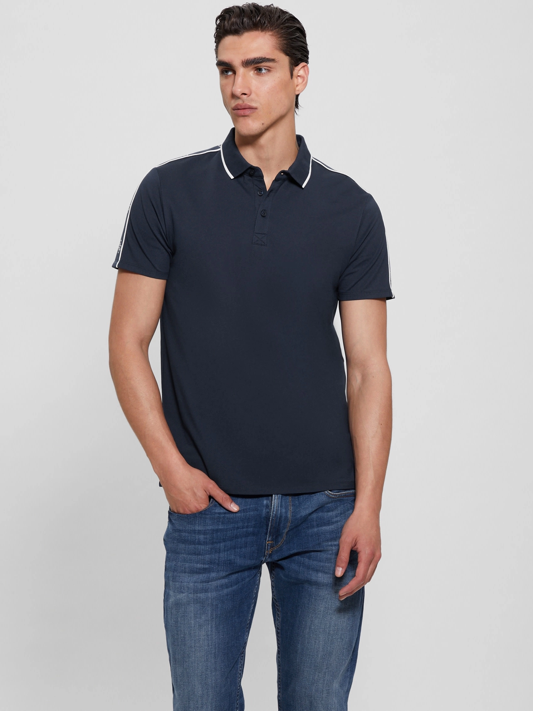 Guess Erkek Mavi Quattro G Şeritli Polo Tişört