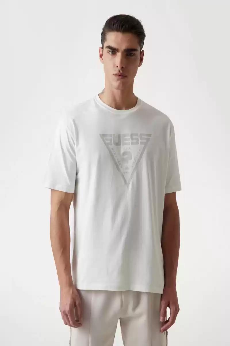 Guess Erkek Rahat Kalıp Beyaz Üçgen Logolu T-Shirt