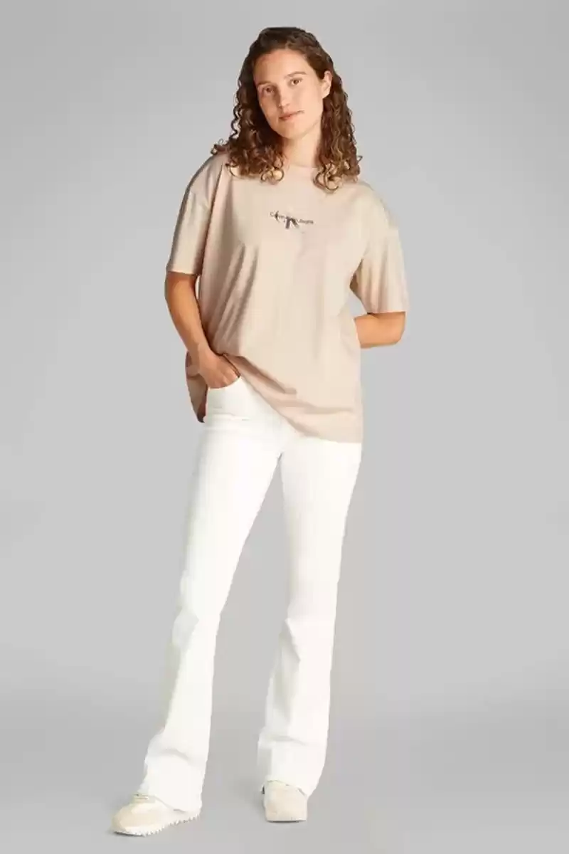 Calvin Klein Kadın Logo Baskılı Ekru T-shirt
