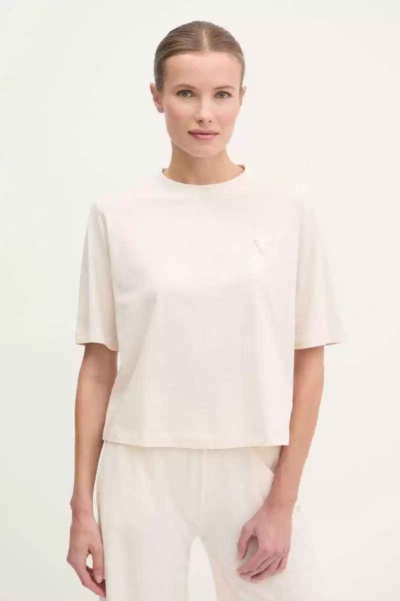 Guess Kadın Krem Logolu T-Shirt