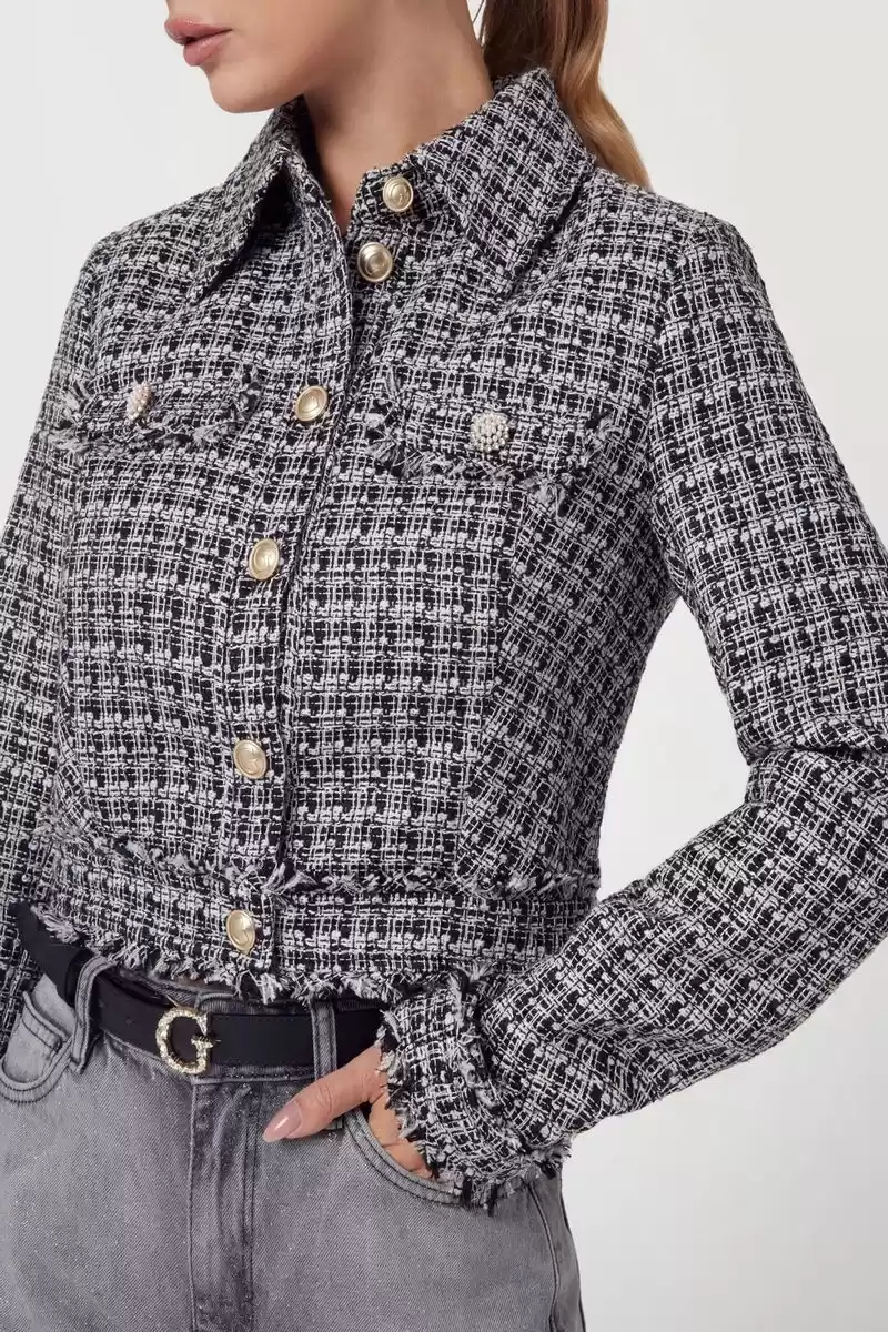 Guess Kadın Siyah Beyaz Daphnee Crop Kesim Tüvit Ceket