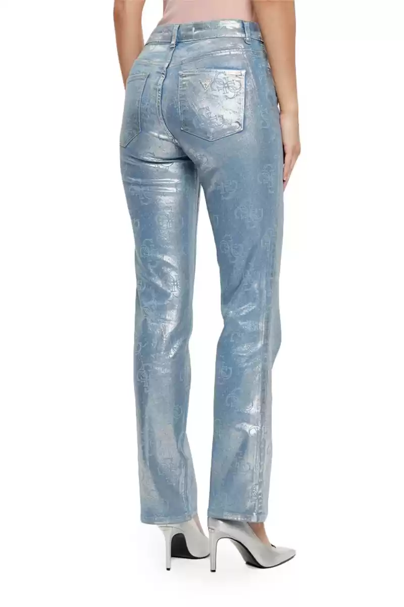 Guess Kadın 4G Baskılı Dory Metalik Gri Denim Pantolon