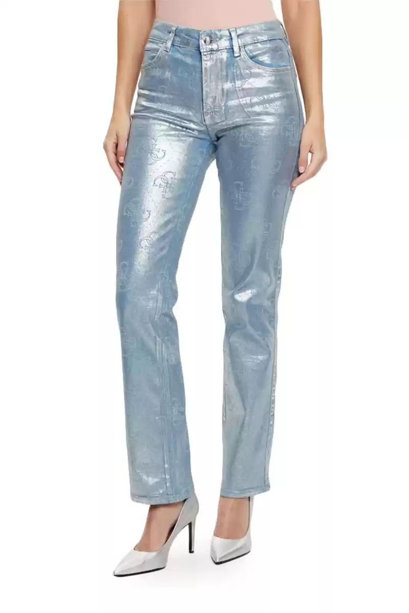 Guess Kadın 4G Baskılı Dory Metalik Gri Denim Pantolon