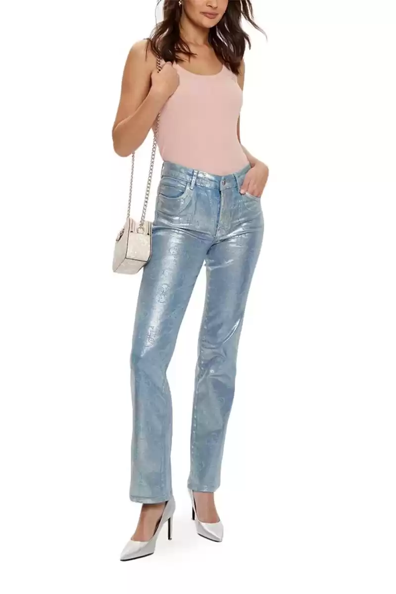 Guess Kadın 4G Baskılı Dory Metalik Gri Denim Pantolon