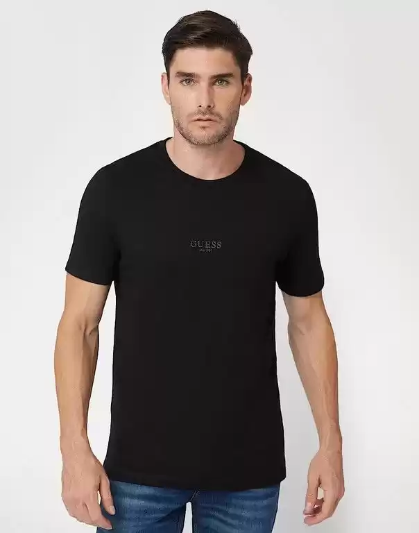Guess Erkek Siyah Guess Nakışlı Pima Tişört