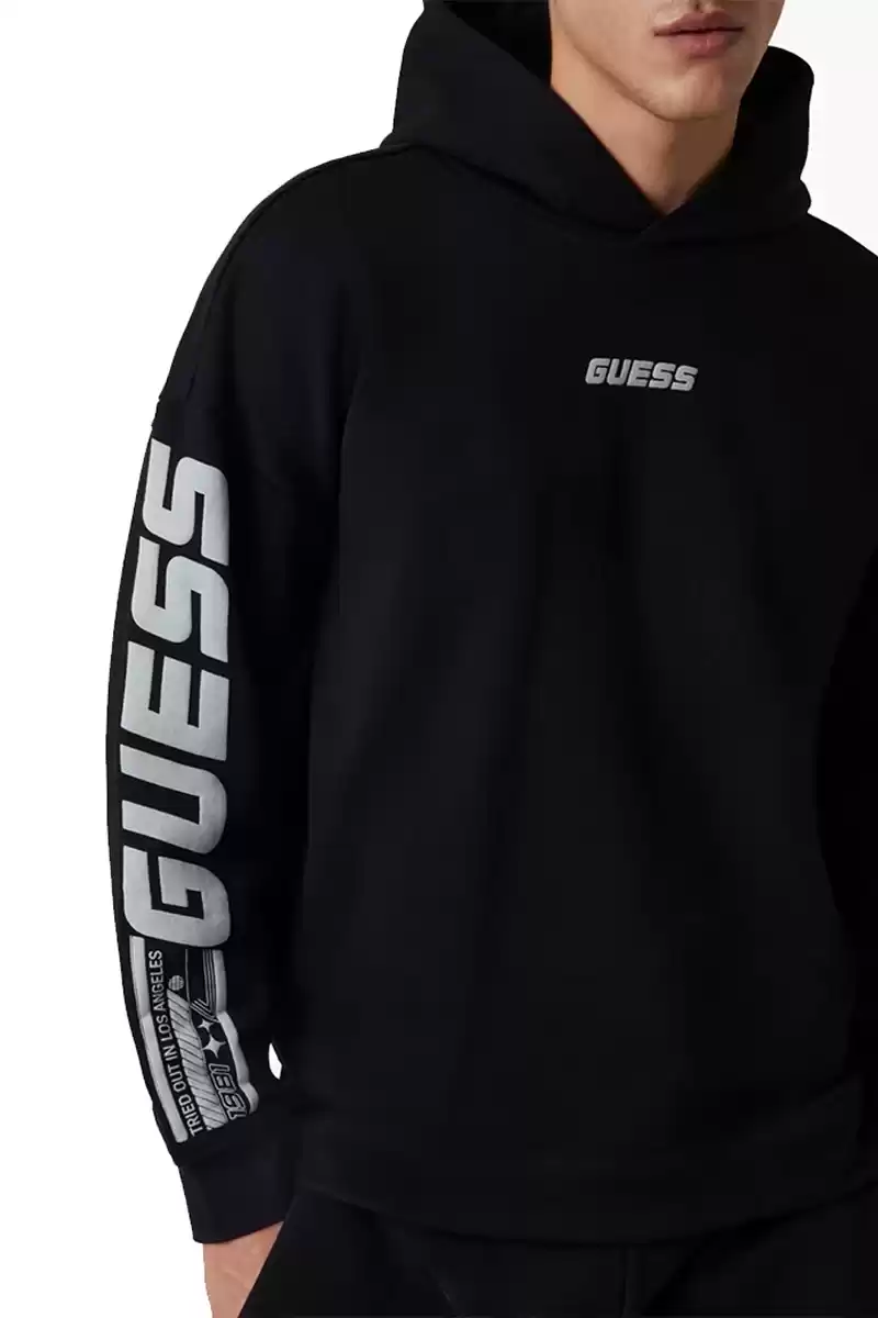 Guess Erkek Önü Ve Kolları Logolu Oversize Siyah Sweatshirt