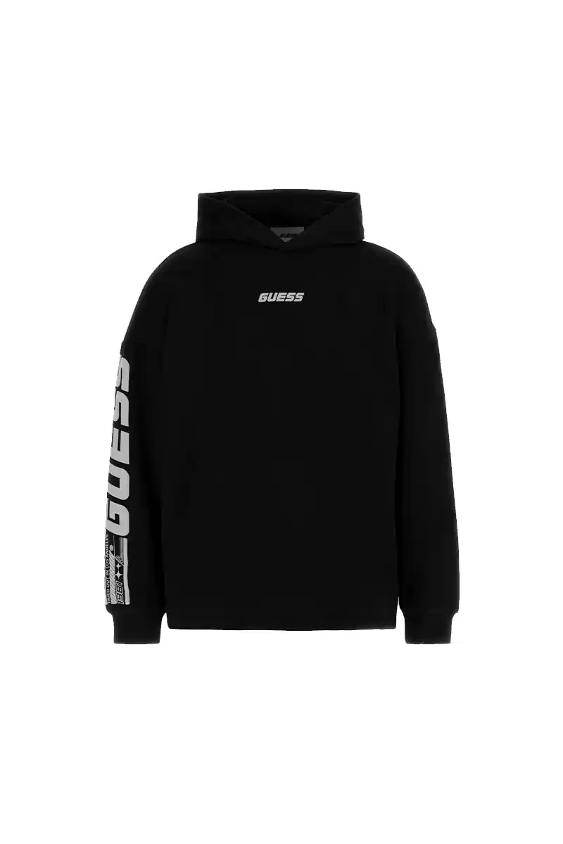Guess Erkek Önü Ve Kolları Logolu Oversize Siyah Sweatshirt