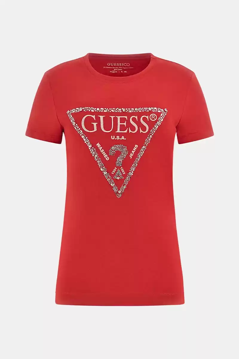 Guess Kadın Parlak Üçgen Logolu Kırmızı T-Shirt