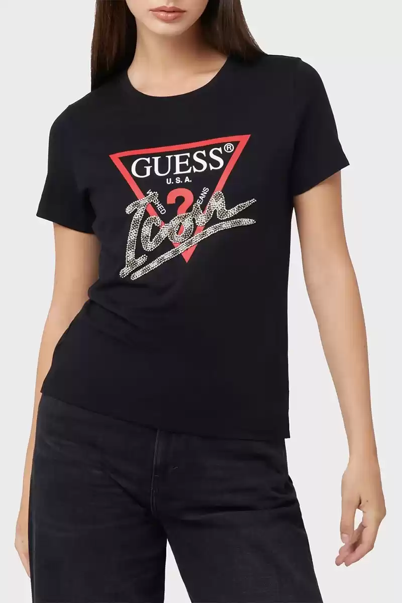 Guess Kadın Taşlı Love Logolu Siyah T-Shirt