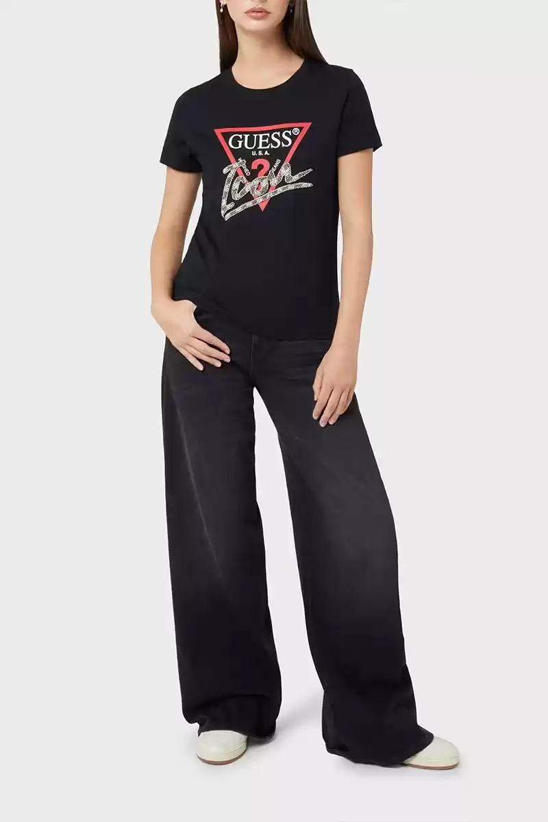 Guess Kadın Taşlı Love Logolu Siyah T-Shirt