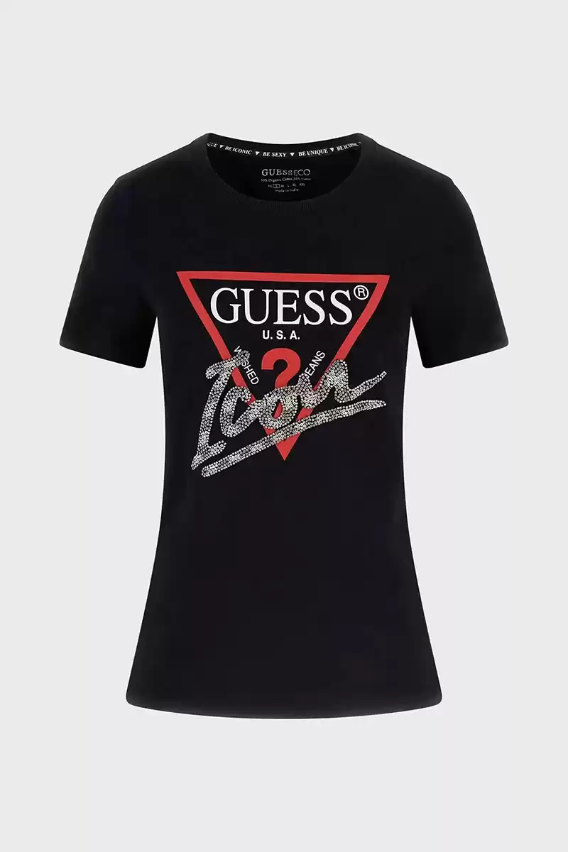 Guess Kadın Taşlı Love Logolu Siyah T-Shirt
