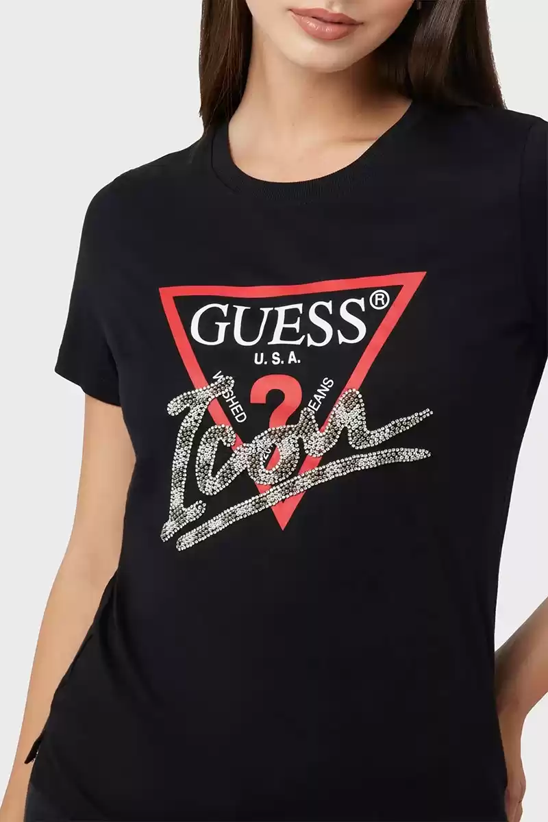 Guess Kadın Taşlı Love Logolu Siyah T-Shirt