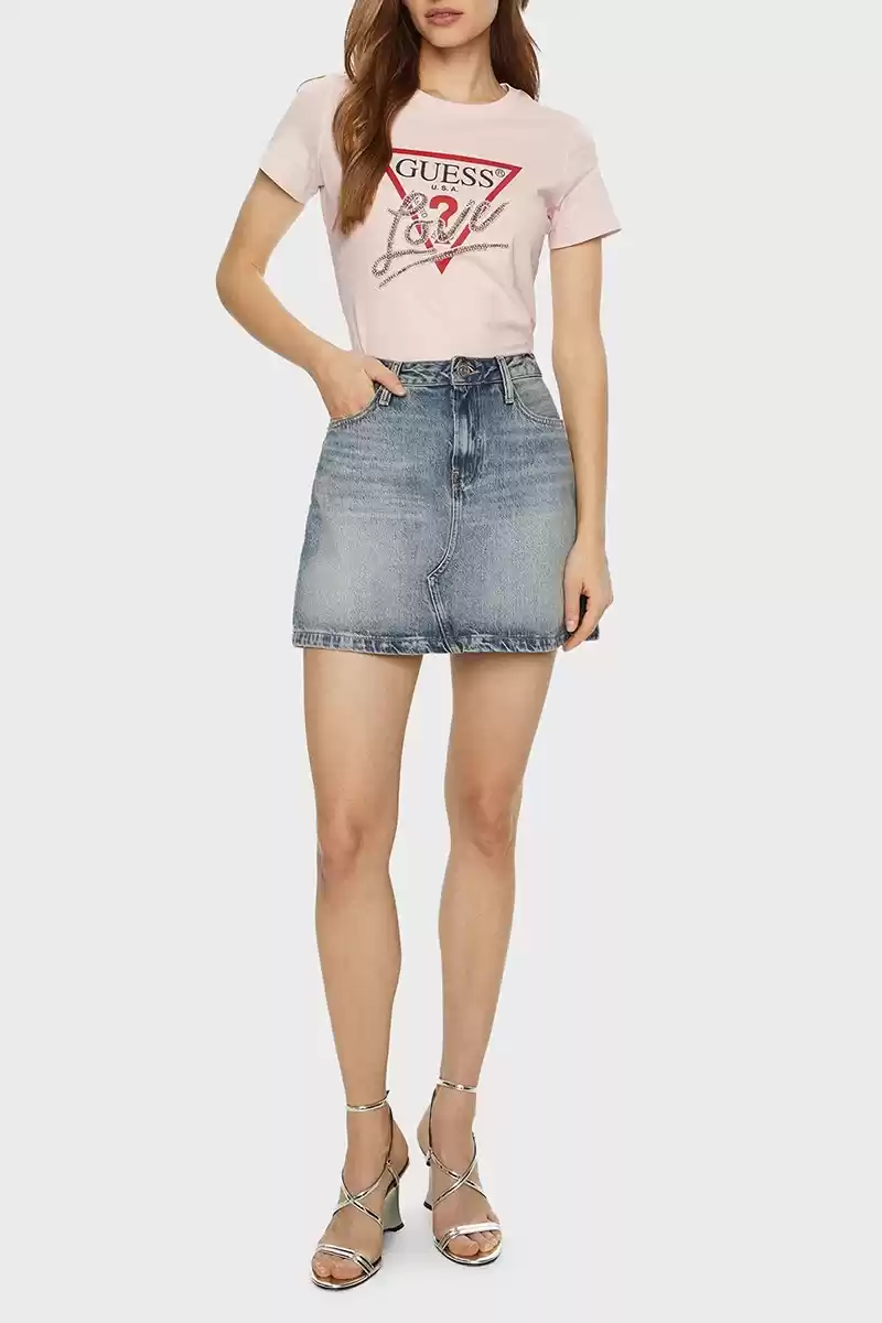 Guess Kadın Taşlı Love Logolu Pembe T-Shirt