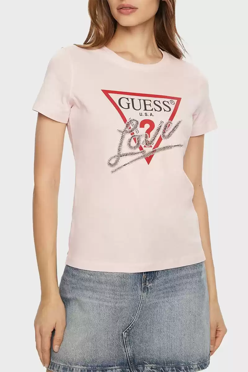 Guess Kadın Taşlı Love Logolu Pembe T-Shirt
