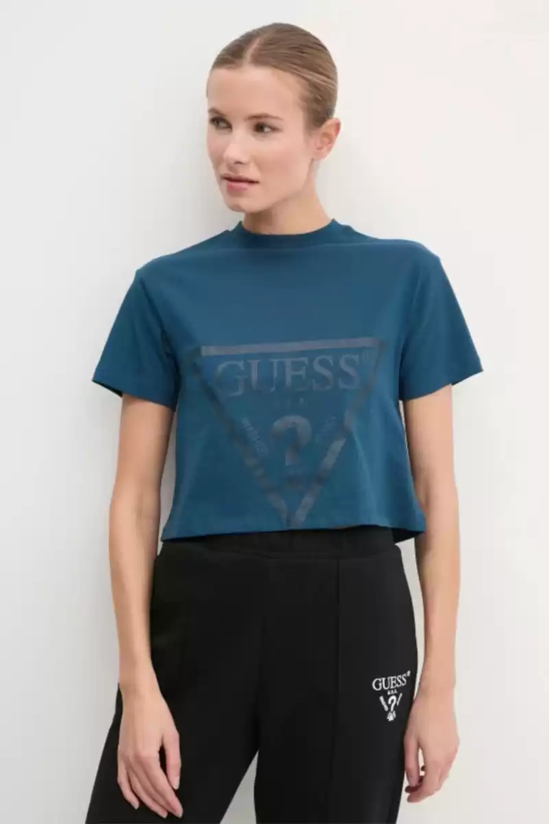 Guess Kadın Üçgen Logolu Mavi T-shirt