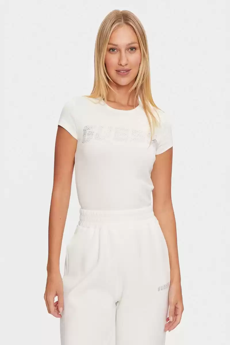 Guess Kadın Krem Logolu T-Shirt