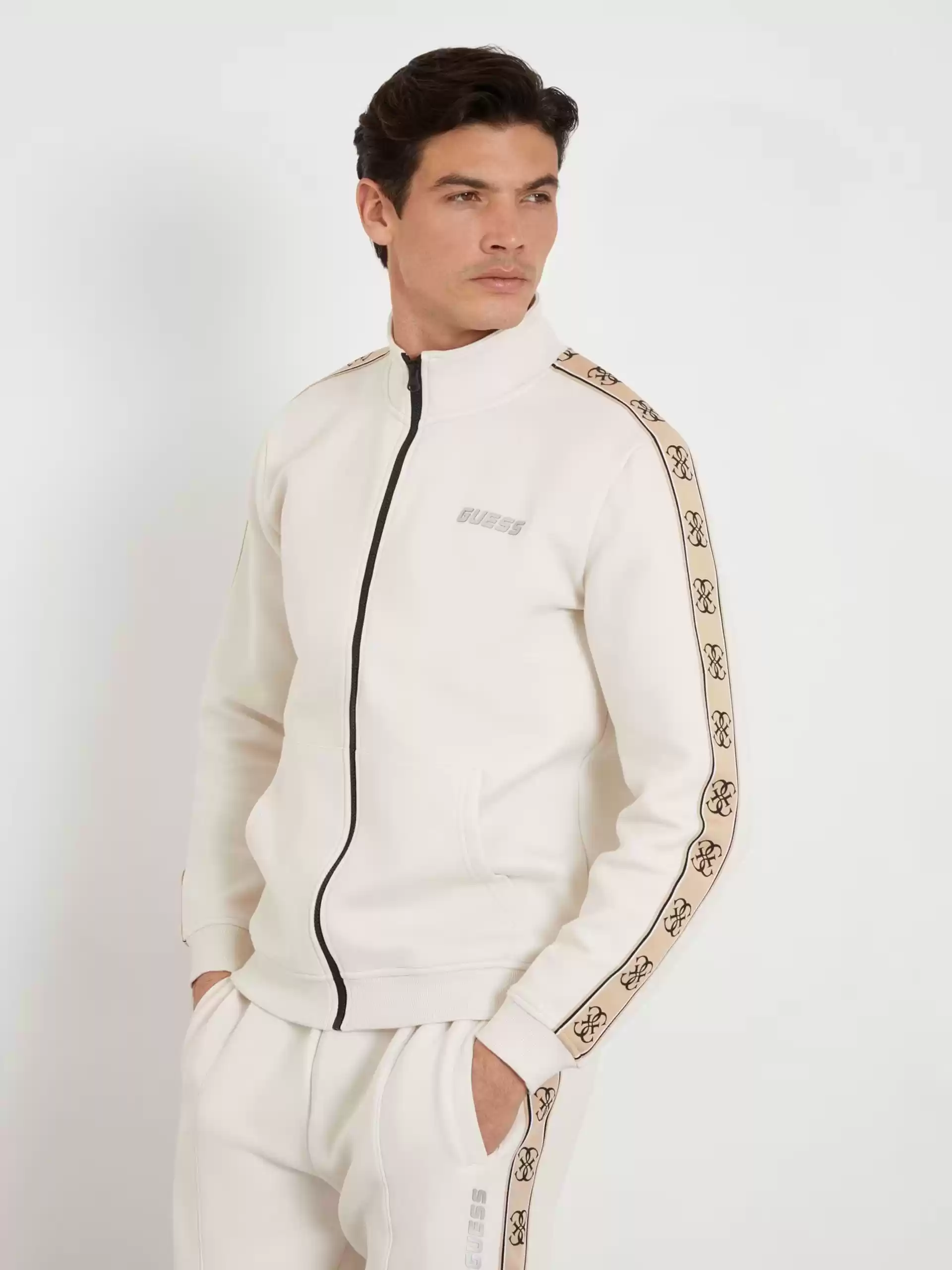 Guess Erkek Bej Yanları Logolu Fermuarlı Sweatshirt