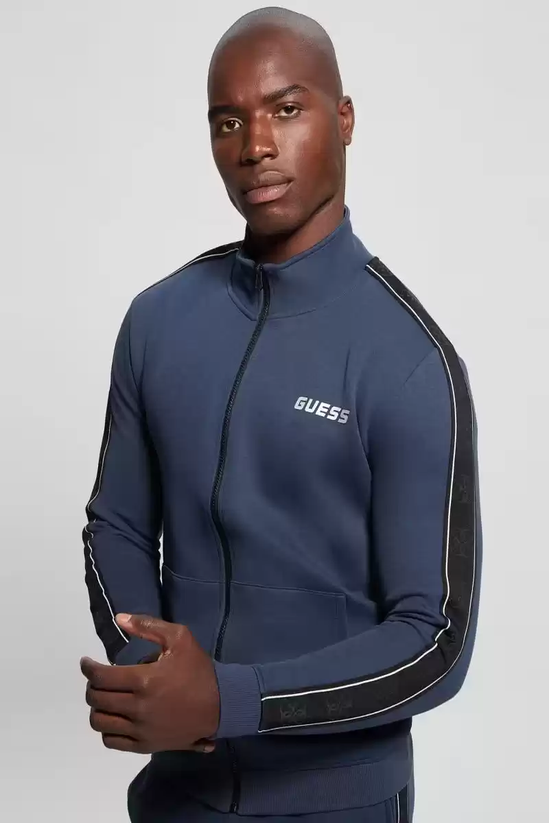 Guess Erkek Mavi Yanları Logolu Fermuarlı  Eşofman Üstü