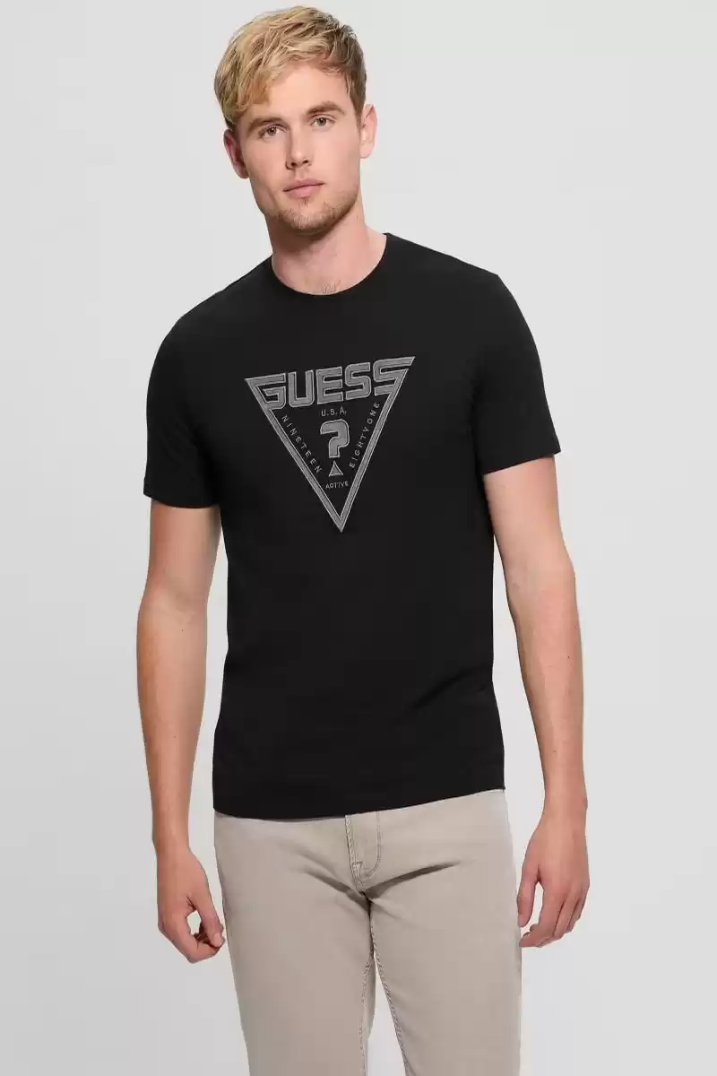 Guess Erkek Siyah Üçgen Logolu Nakış İşlemeli T-Shirt