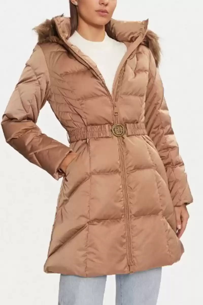 Guess Kadın 4G Logo Kemerli Kahverengi Şişme Mont