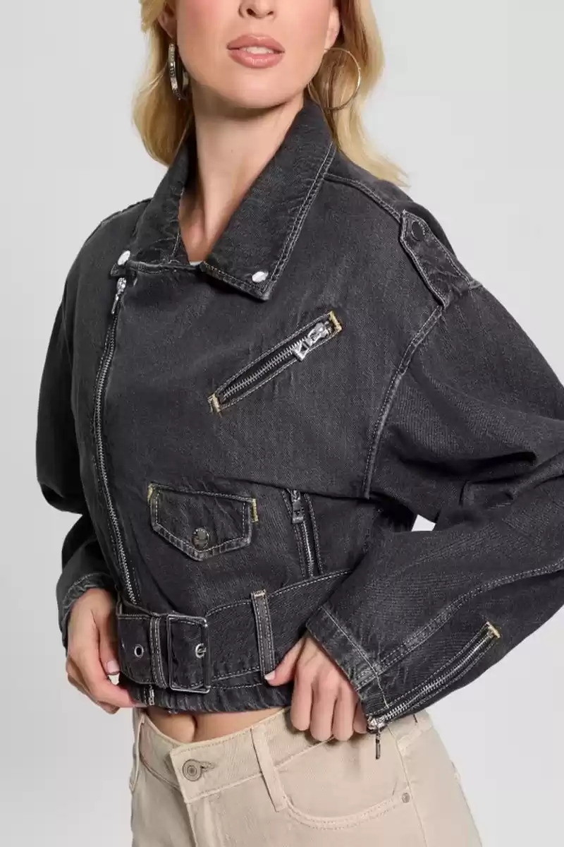 Guess Kadın Siyah Eco Sandy Denim Biker Ceket