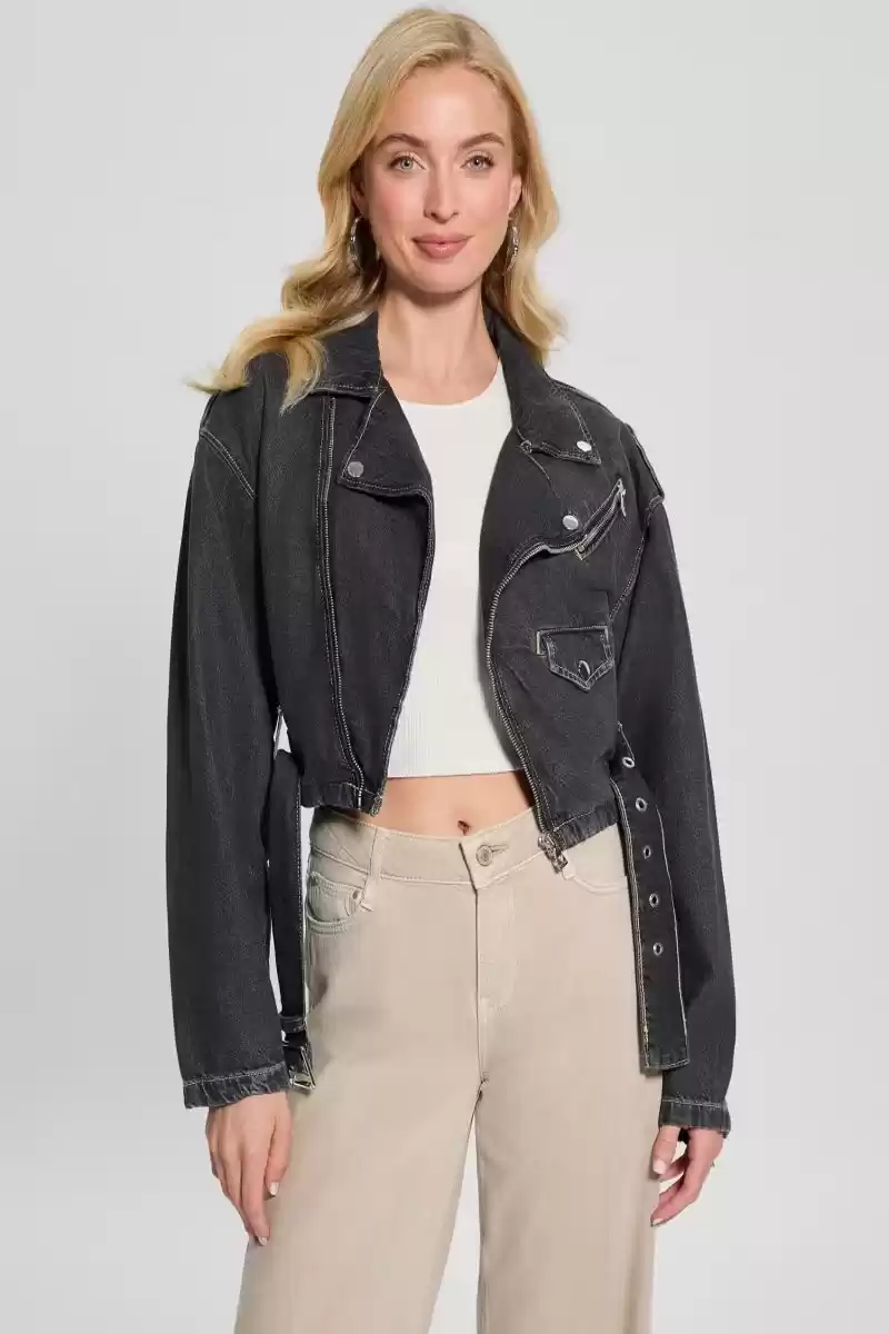Guess Kadın Siyah Eco Sandy Denim Biker Ceket