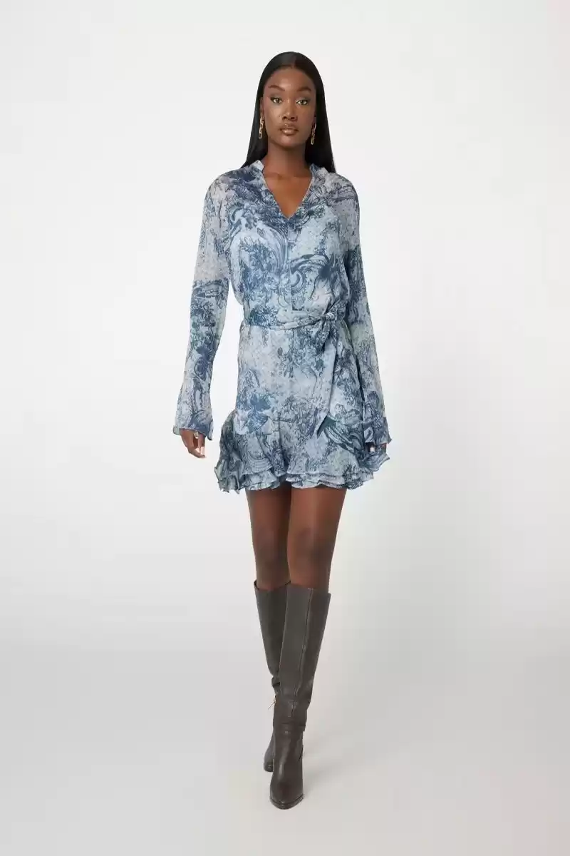 Guess Kadın Mavi Fırfırlı Kemerli Şifon Mini Elbise