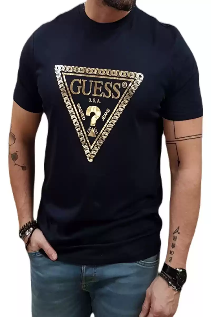 Guess Erkek Lacivert Üçgen Logolu T-Shirt