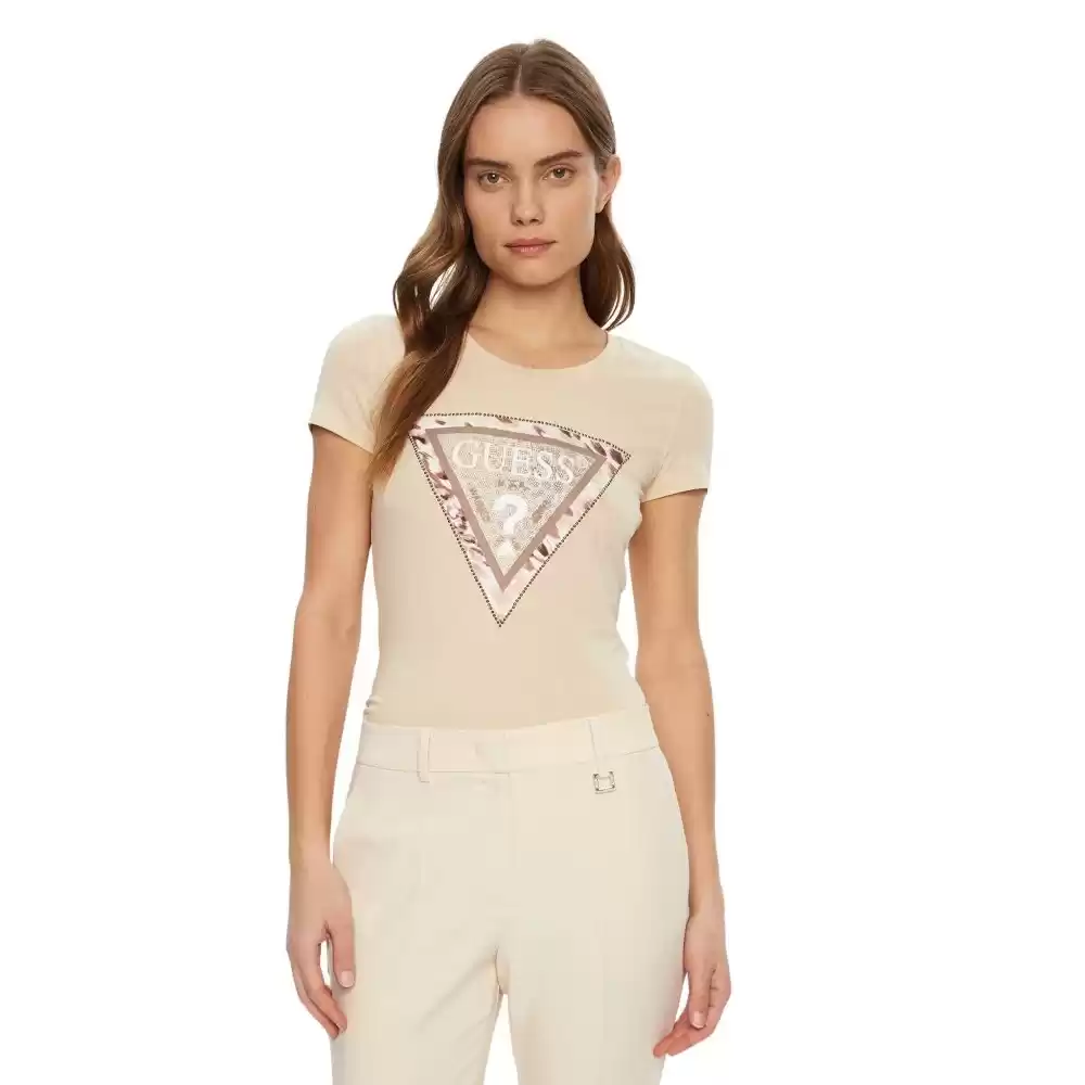 Guess Kadın Kahverengi Çita Desenli Üçgen Logolu T-Shirt